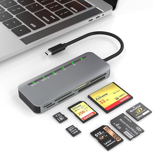 Lecteur multicartes en aluminium Suejezt à sept emplacements avec un cordon USB Type-C attaché