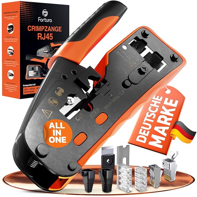 Pince à sertir RJ45 Fortura avec fiches, guides d’insertion, manchons et lame de rechange