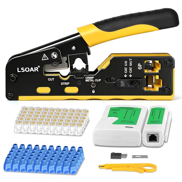 Pince à sertir RJ45 traversante Lsoar avec cinquante fiches Cat6 et un mini-dénudeur
