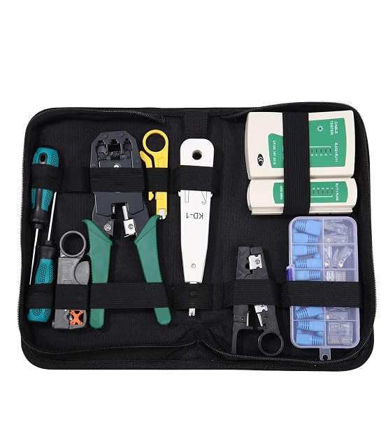 Kit d’outils réseau Xespis avec pince à sertir, testeur de câble, dénudeur et outil d’insertion dans une pochette à fermeture éclair