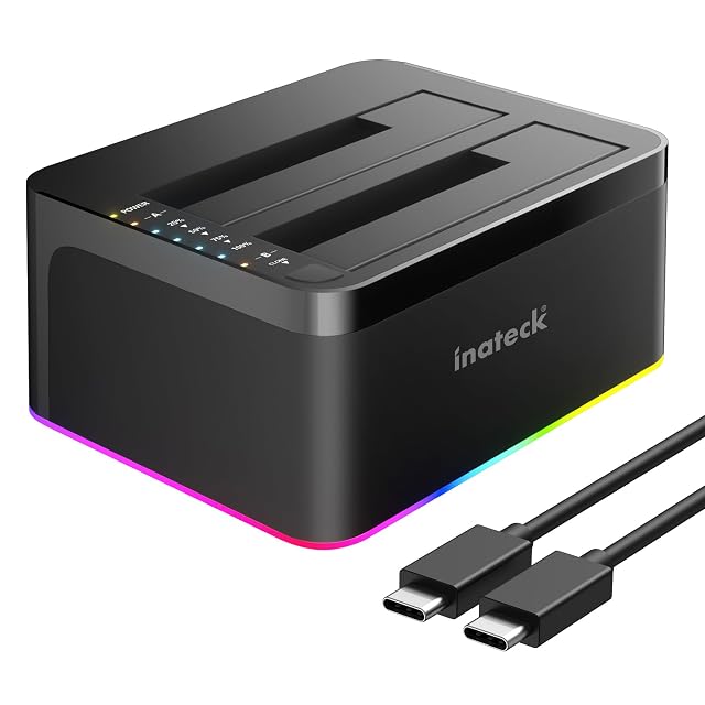 Station d’accueil Inateck noire à deux baies avec éclairage RGB et deux logements pour disques