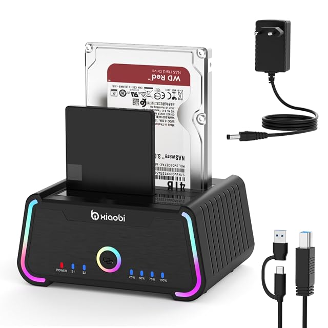 Station d’accueil Xiaobi à deux baies avec éclairage RGB et deux logements pour disques