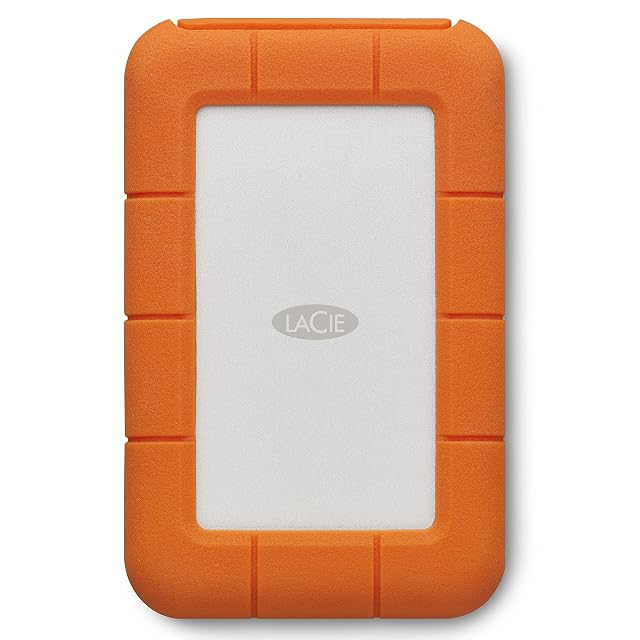 Disque dur externe nomade LaCie Rugged de 4 TB dans une gaine de protection orange