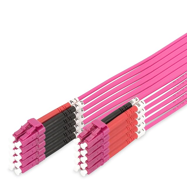 Jarretières fibre duplex OM4 violettes DIGITUS à connecteurs LC, cinq par paquet