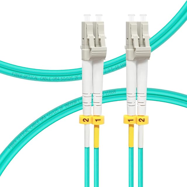 Jarretière fibre duplex OM4 turquoise FLYPROFiber avec connecteurs LC et clips étiquetés A et B
