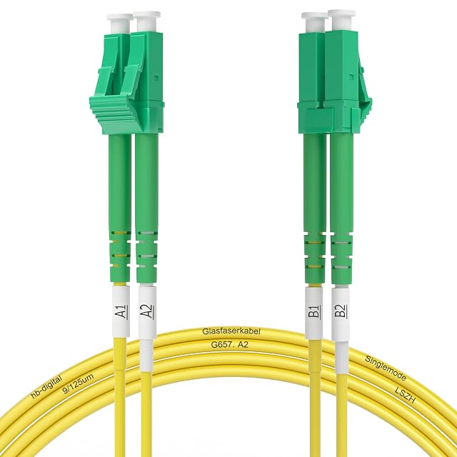 Jarretière fibre duplex jaune HB-DIGITAL avec connecteurs LC/APC verts aux deux bouts