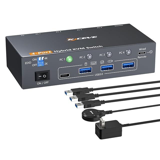 Commutateur KVM AOOCOO KC-401C-AO-DE à quatre ports avec entrées DisplayPort, USB-C et HDMI et une télécommande filaire