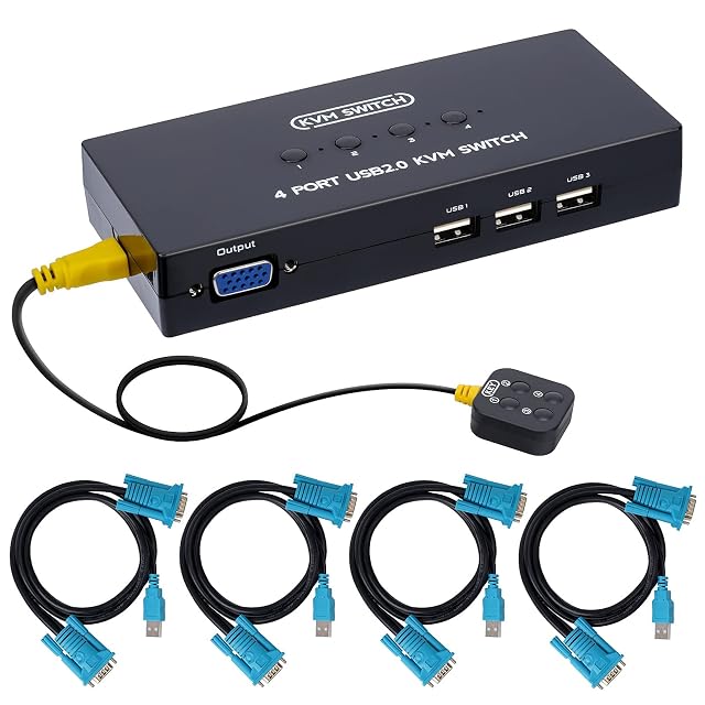 Commutateur KVM VGA DGODRT KS204V à quatre ports avec une commande de bureau filaire et quatre cordons combinés
