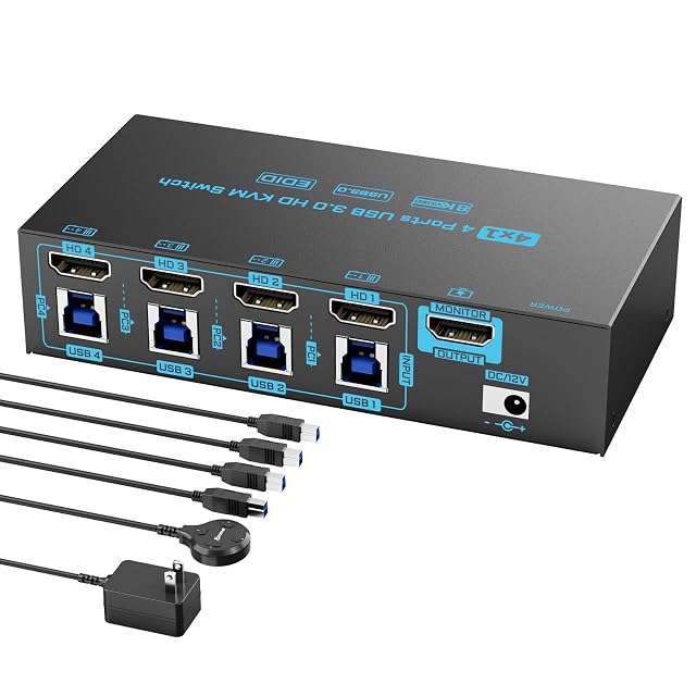 Commutateur KVM HDMI DXchip ZX-KVM8401B002 à quatre ports avec quatre prises USB 3.0 et une commande filaire