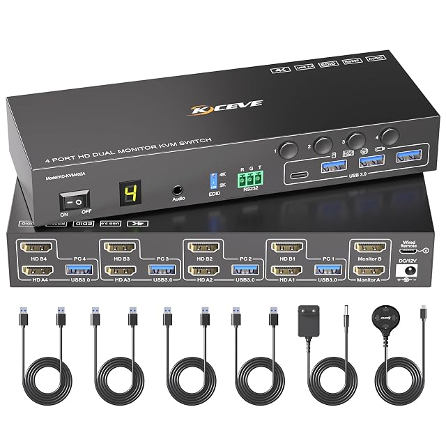 Commutateur KVM HDMI MLEEDA à quatre ports pour deux moniteurs avec quatre prises USB 3.0 et une télécommande filaire