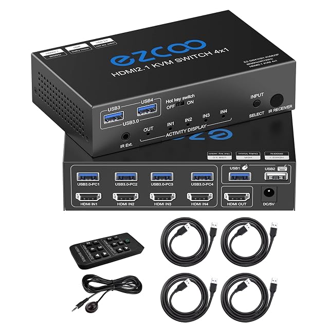 Commutateur KVM HDMI ROFAVEZCO EZ-SW41H21-KVMU3P à quatre ports avec télécommande infrarouge et quatre cordons USB 3.0