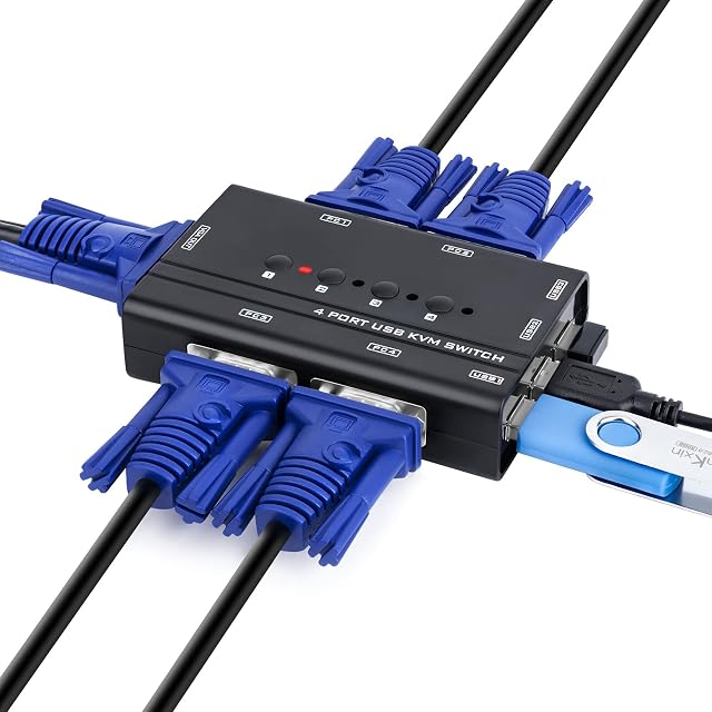 Commutateur KVM VGA TCNEWCL VGA4P à quatre ports avec un bouton de sélection et trois prises USB 2.0