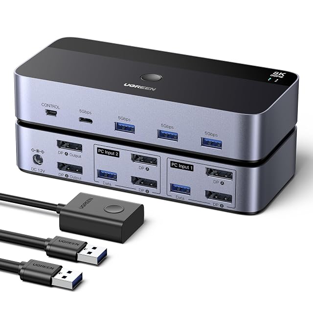 Commutateur KVM DisplayPort UGREEN AK700 à deux ports avec quatre prises USB 3.0 et une commande de bureau