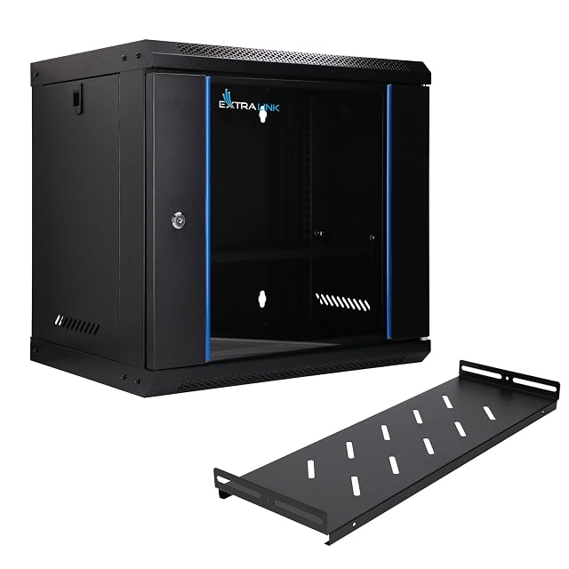 Coffret réseau noir Extralink de neuf unités en 19 pouces avec porte fermant à clé et tablette