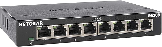 Commutateur réseau gigabit NETGEAR GS308 à huit ports en boîtier métallique avec interrupteur