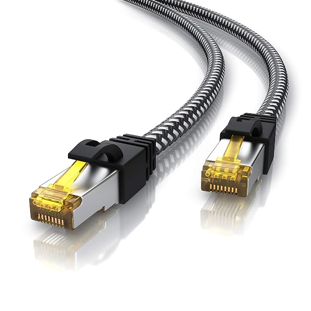 Cordon de brassage Cat 7 CSL de 10 m avec gaine tressée en coton et manchons RJ45 moulés