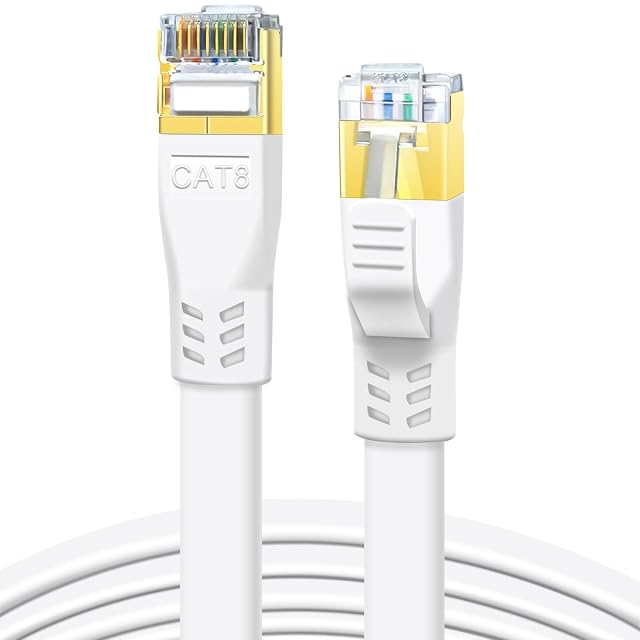 Cordon de brassage plat Cat 8 DDMALL blanc de 10 m avec fiches RJ45 blindées sans accroche