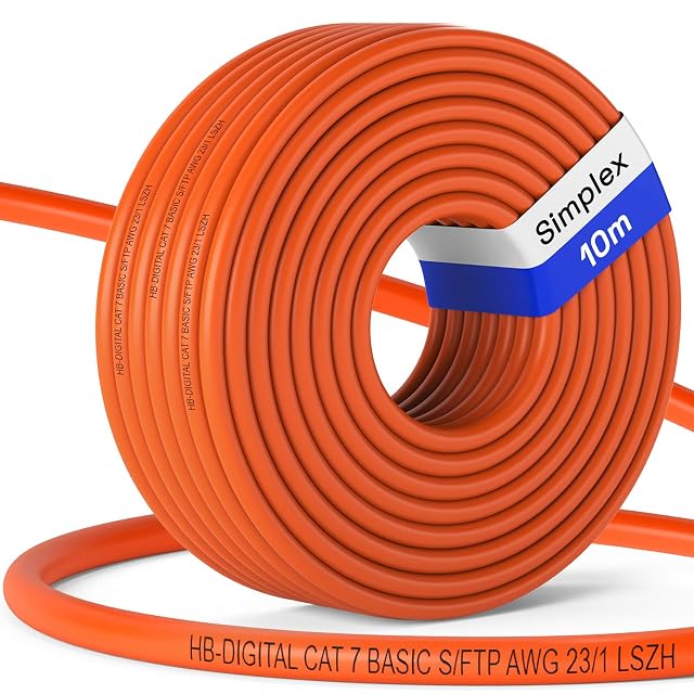 Câble d’installation Cat 7 HB-DIGITAL orange de 10 m avec une extrémité non raccordée