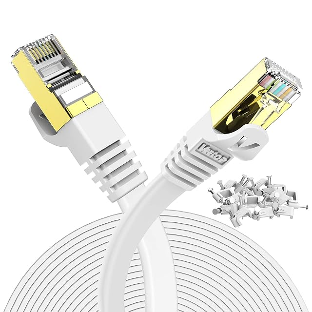 Cordon de brassage plat Cat 7 Veetop blanc de 10 m avec fiches RJ45 dorées