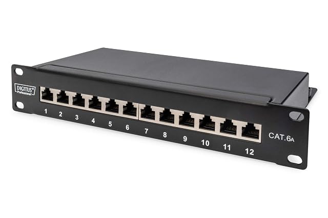 Panneau de brassage DIGITUS 10 pouces à douze ports Cat 6A blindés dans un boîtier métallique noir