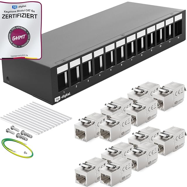Panneau de brassage keystone HB-DIGITAL noir à douze ports peuplé de modules RJ45 Cat 6a
