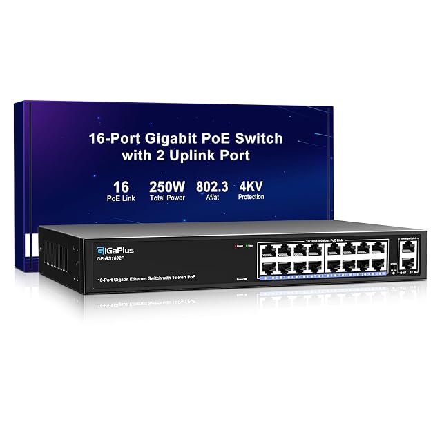 Commutateur PoE gigabit GigaPlus GP-GS1602P à dix-huit ports en boîtier métallique avec seize prises alimentées et deux liaisons montantes