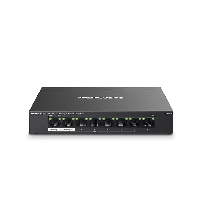 Commutateur PoE gigabit MERCUSYS MS108GP à huit ports en boîtier métallique avec sept prises alimentées