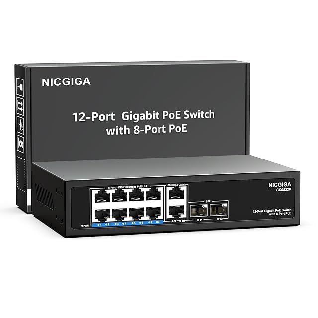 Commutateur PoE gigabit NICGIGA GS0822P à douze ports en boîtier métallique avec huit prises alimentées, deux liaisons montantes et deux cages SFP