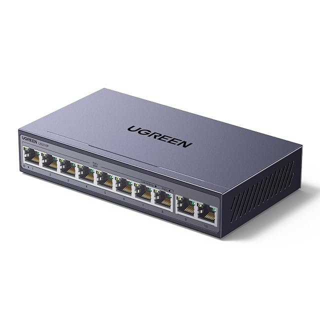 Commutateur PoE gigabit UGREEN 35372EU à dix ports en boîtier métallique avec huit prises alimentées et deux liaisons montantes