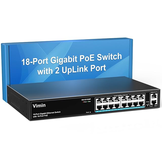 Commutateur PoE gigabit VIMIN VM-GS1620P-EU à dix-huit ports en boîtier métallique avec seize prises alimentées et deux liaisons montantes