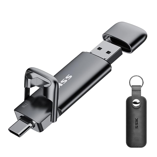Clé à mémoire portable SSK SD301 de 1 TB avec des fiches USB-C et USB-A sur le corps