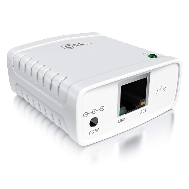 Serveur d’impression LAN CSL avec une prise réseau RJ45 et une prise USB pour imprimante
