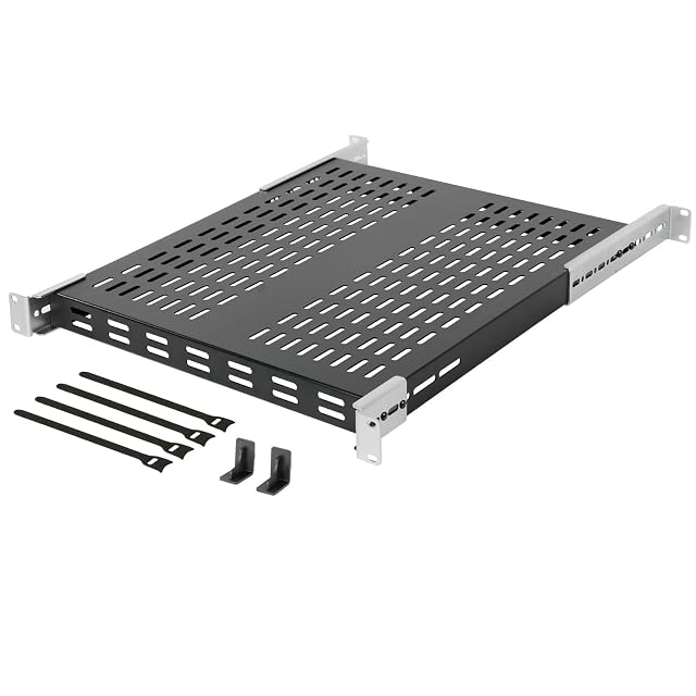 Tablette de rack 19 pouces 1U Tecmojo noire et ventilée à quatre appuis avec supports arrière réglables