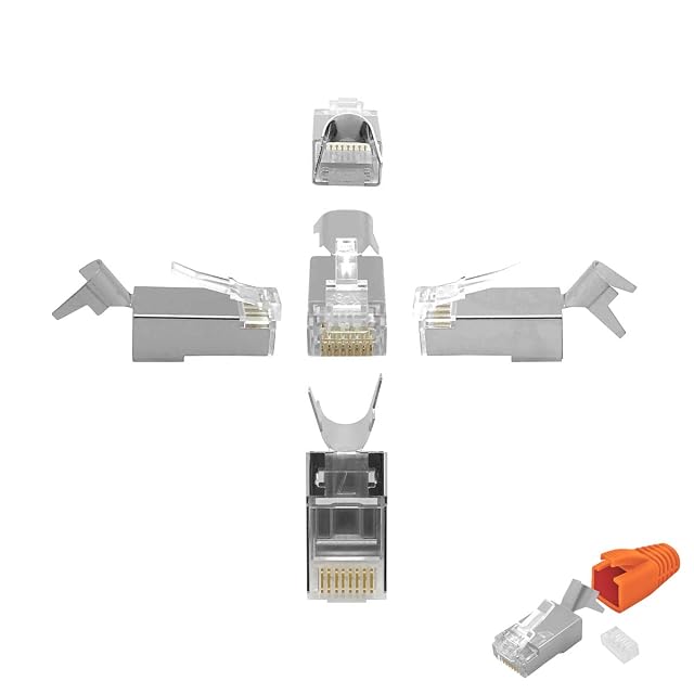 Fiche à sertir RJ45 blindée ARLI avec décharge de traction métallique, guide d’insertion et manchon