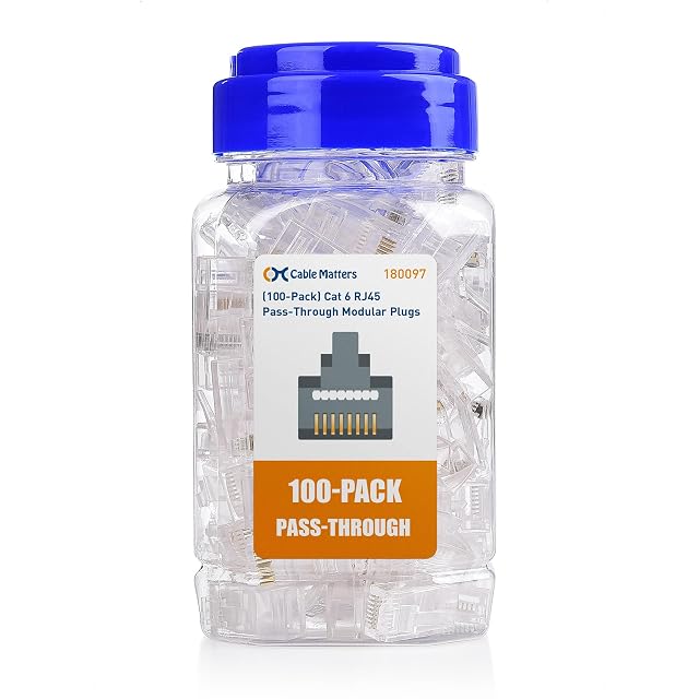 Fiches RJ45 traversantes Cat 6 Cable Matters dans un pot de rangement à couvercle vissé
