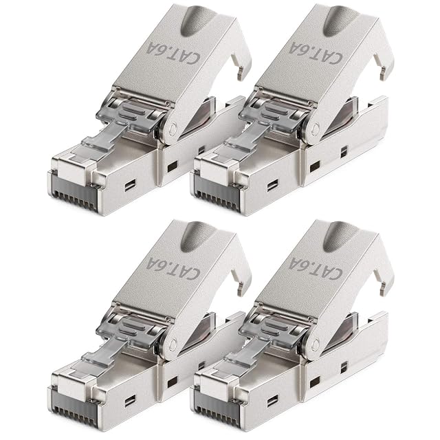 Fiche RJ45 Cat 6a blindée deleyCON avec manchon de décharge de traction, l’une des quatre