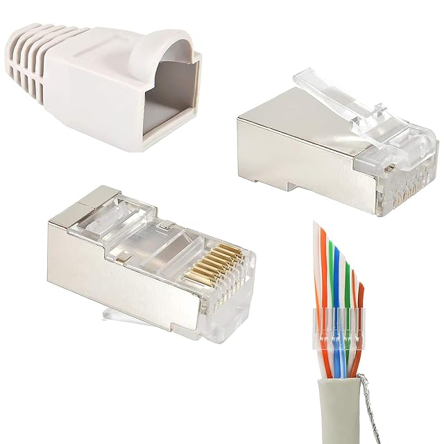 Fiche à sertir RJ45 Cat 6 blindée VESVITO grise avec un guide d’insertion et un manchon