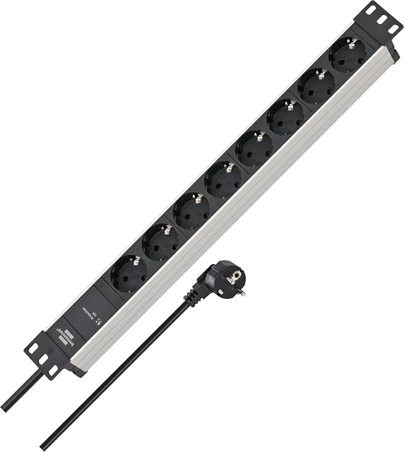 Bloc de prises 19 pouces Brennenstuhl Alu-Line argent et noir avec huit prises avec terre inclinées