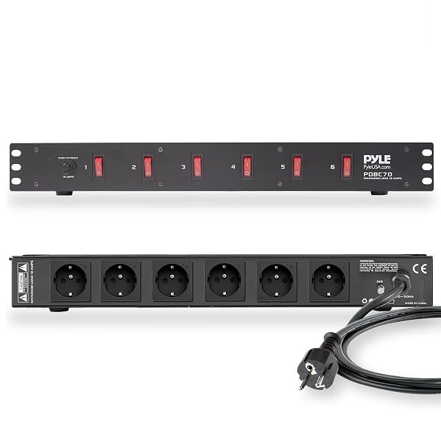 Bloc de prises pour rack 19 pouces Pyle PDBC70EU avec six interrupteurs en façade et six prises à l’arrière
