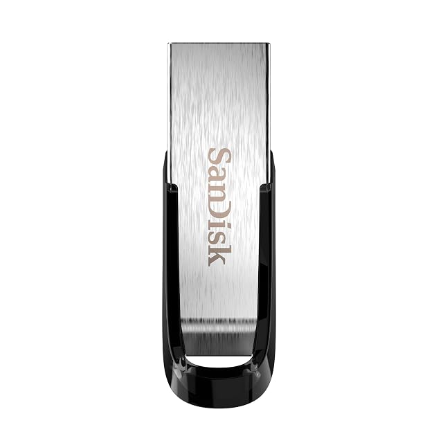 Clé USB SanDisk Ultra Flair de 128 GB avec un corps métallique noir et argent et une fiche USB Type-A