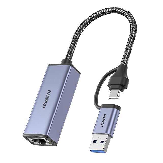 Adaptateur Ethernet gigabit BENFEI USB-C vers RJ45 avec un cordon court et une prise RJ45