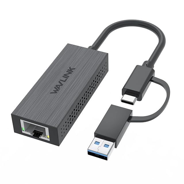 Adaptateur LAN USB 2.5G WAVLINK avec des connecteurs USB Type-A et Type-C et une prise RJ45