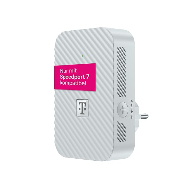 Répéteur Telekom Speedport 7 blanc et vertical avec un logo magenta