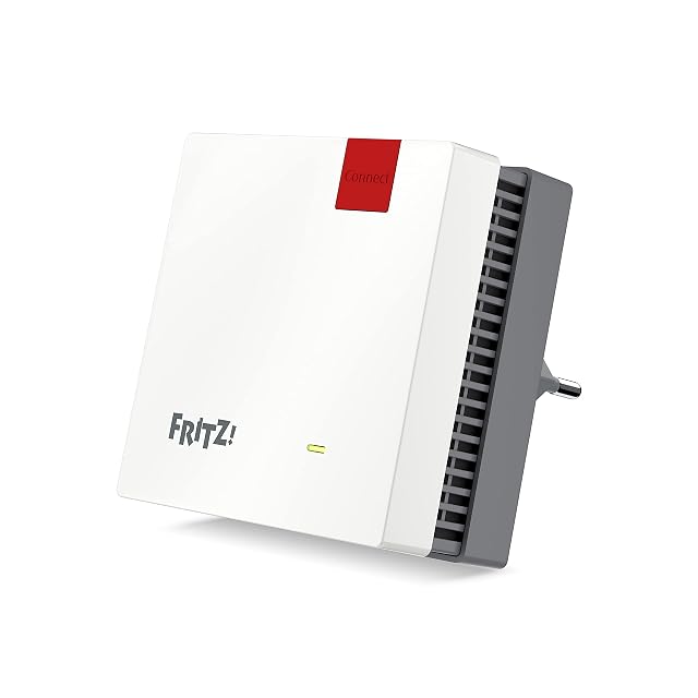 Répéteur FRITZ Repeater 1200 AX blanc avec un bandeau rouge et un voyant d’état