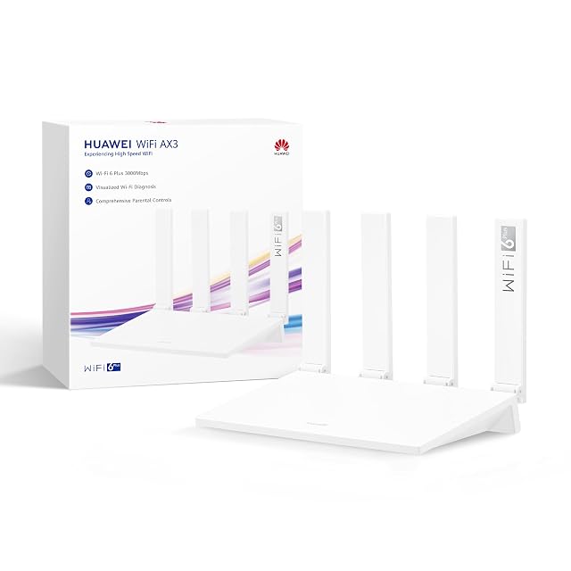 Routeur HUAWEI WiFi AX3 New blanc avec quatre antennes externes relevées