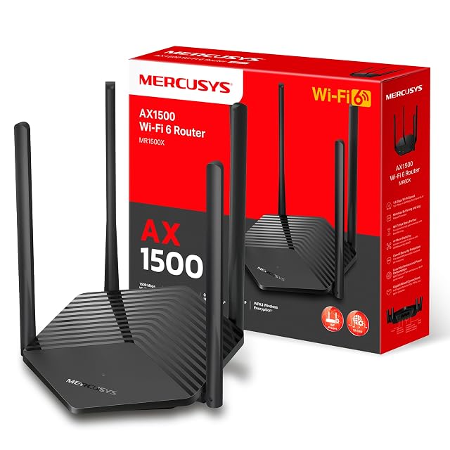 Routeur MERCUSYS MR1500X noir avec quatre antennes fixes